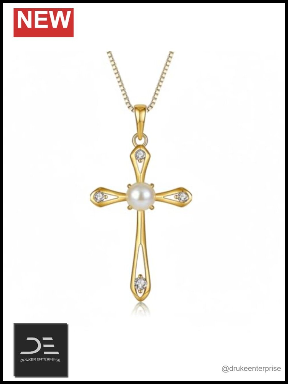 925 Sterling Silver Freshwater Pearl Pendant Necklace Gold Plated Cross CZ